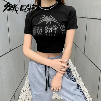 Y2K EGIRL Center Goth Y2K Nosorogovo Black T-shirta E-dekle Estetike Pajek Grafični O-vratu Kratek Rokav Crop Tops Slim Ulične