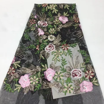 (5yards/pc), Črni in vijolični Afriške francoski neto čipke tkanine z odlično cvetje vezenje in sequins za stranko obleko FSS017