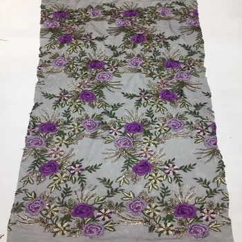(5yards/pc), Črni in vijolični Afriške francoski neto čipke tkanine z odlično cvetje vezenje in sequins za stranko obleko FSS017