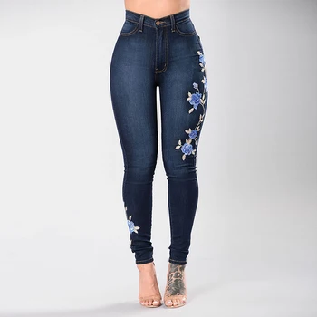 Ženske Blue Rose Vezene Jeans ženska Skinny Jeans Dekle Slim Tiskanja Hlače Visoko Pasu Seksi Svinčnik Hlače Plus Velikost