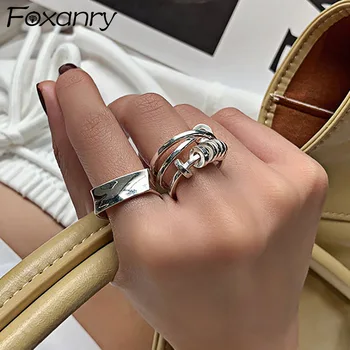 Foxanry Minimalističen 925 Sterling Srebro Udejstvovanje Obroči za Ženske Kreativna Zasnova Trendy Elegantno Geometrijske Stranka Nakit Darila
