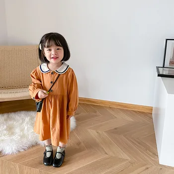 2020 Baby Dekleta Z Dolgimi Rokavi Vzročno Moda Tri Gumb Kontrastne Barve Lutka Ovratnik Obleko Otrok Bombaž Princesa Obleke