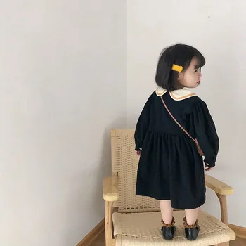 2020 Baby Dekleta Z Dolgimi Rokavi Vzročno Moda Tri Gumb Kontrastne Barve Lutka Ovratnik Obleko Otrok Bombaž Princesa Obleke