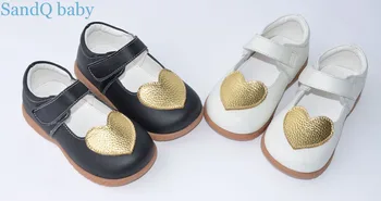 Dekleta čevlji pravega usnja, črna mary jane z zlato srce otroci čevlji mali otroci poroko christenning čevelj bela zapatos