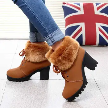 Škornji ženske čevlje 2021 trdna kvadratnih pete zimske čevlje, ženska čipke-up sneg škornji dame čevlji toplo plišastih zimski škornji ženske