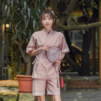 Japonski Slog Yukata za Odrasle, Nekaj Oblačil Kimono Jopico Ženske Moški 2PCs Bombažno Pižamo Nastavite Povoj Vrh Poletje Nightgown