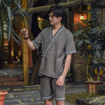 Japonski Slog Yukata za Odrasle, Nekaj Oblačil Kimono Jopico Ženske Moški 2PCs Bombažno Pižamo Nastavite Povoj Vrh Poletje Nightgown