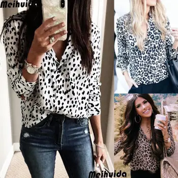 Moda za Ženske, Dolg Rokav Leopard Bluzo V neck Majica Dame OL Stranka Vrh Dames Ulične blusas femininas elegante Plus Velikost