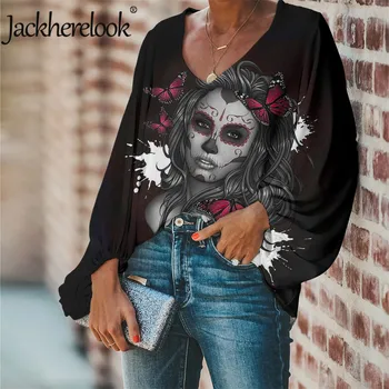 Jackherelook Black Lobanja, Tiskanje Svoboden Šifon Bluze za Teen Dekleta Metulj Gothic blagovno Znamko Design Ženske Majice Priložnostne Vrhovi Mujer