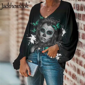 Jackherelook Black Lobanja, Tiskanje Svoboden Šifon Bluze za Teen Dekleta Metulj Gothic blagovno Znamko Design Ženske Majice Priložnostne Vrhovi Mujer