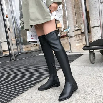 2019 novo preprost stil cowhide materiala Chelsea škornji opozoril strani zadrgo nizke pete, iz gume dnu škornji ženske škornji z visoko stegno