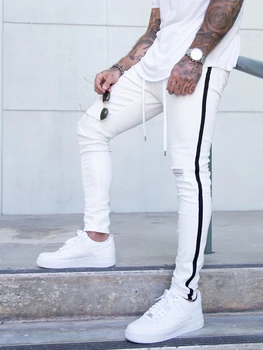 2020 Moških Skinny Jeans Biker Kolena Obliž Uničeno Pohaban Sim Fit Denim Raztrgala Strani Trak Svinčnik Hlače Hip Hop Ulične Kavbojke