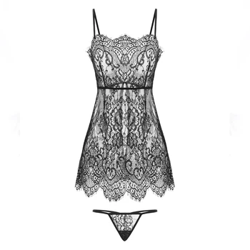 Črno bel homedress žensk poletje tanke oddelek čipke vidika vzorec trak kratek nightdress set