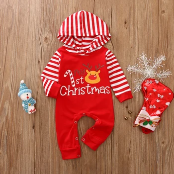 NOVO leto 2020 Moj 1. Božič Oblačila Newborn Baby Fantje Dekleta Hooded igralne obleke z Dolgimi Rokavi Prugasta Tiskanja Jumspuit Božič Oblačila 0-12M