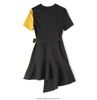 Moda za Ženske Poletje Obleko 2020 Novo Črno Rumeni Mozaik Kratek Rokav Asimetrični priložnostne urad Stranke Obleke