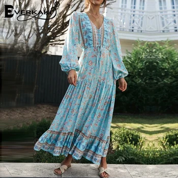 Everkaki Etnične Cvjetnim Tiskanja Dolga Obleka Ženske Poletje Vestidos Boho Sashes Ženske Gypsy Maxi Obleke Elegantna Ženska 2020 Nova Moda