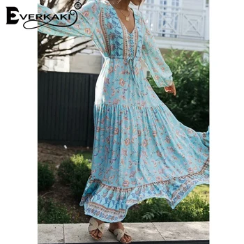 Everkaki Etnične Cvjetnim Tiskanja Dolga Obleka Ženske Poletje Vestidos Boho Sashes Ženske Gypsy Maxi Obleke Elegantna Ženska 2020 Nova Moda