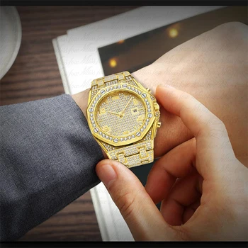MISSFOX Zlato Moške Ure Bling Bling Design 2020 Luksuzni Klasičen Diamond Kronograf Pazi Za Moški Dropshipping Novo ročno uro