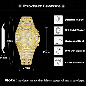 MISSFOX Zlato Moške Ure Bling Bling Design 2020 Luksuzni Klasičen Diamond Kronograf Pazi Za Moški Dropshipping Novo ročno uro