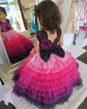 Barvita Stopenjski Cvet Dekle Obleko za Poroko Til Baby Dekle Rojstni dan Žogo Obleke z Lokom Čipke Vrhu Otroški Kostumi
