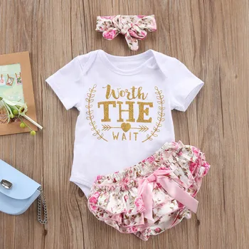 3pcs Newborn Baby dekleta oblačila sklop pismo Vredno Čakati Vrhovi Bodysuit+Rose čipke Hlače+Glavo za Malčke Dekliška Oblačila obleko