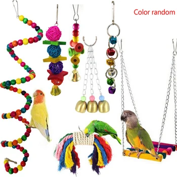 7PCS/Nastavi Naključno Barvo Papiga Igrača Kit Swing Zvonovi Viseči Most Leseni Žvečilni Ptica Igrače Stoji za Usposabljanje Orodje