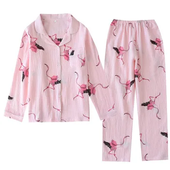 VROČE PRODAJO Žensk Risanka Flamingo Natisnjeni Pižamo Nastavite Udobje Gaza Bombaž Sleepwear Poln Rokav Jopico+Hlače Femme Homewear