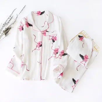 VROČE PRODAJO Žensk Risanka Flamingo Natisnjeni Pižamo Nastavite Udobje Gaza Bombaž Sleepwear Poln Rokav Jopico+Hlače Femme Homewear