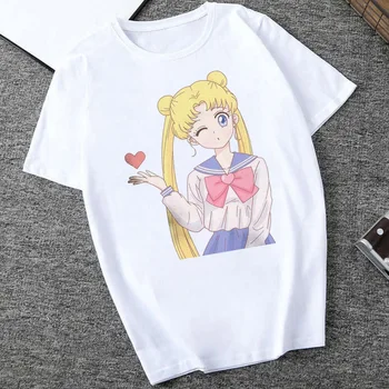 Sailor Moon vzorec majice Risanke Mačka Natisnjeni Ženska Majica Hip Hop Ženske Majice Poletnih Vrh Ulične Harajuku Ženska Oblačila