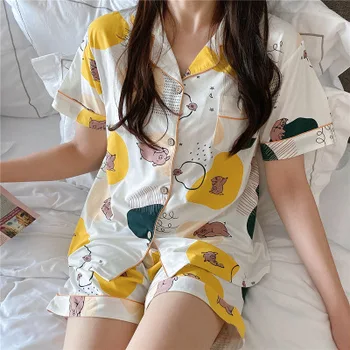 Poletje pižame ženske kratka sleeved jopico majica + hlače ženske pižame bo ustrezala priložnostne sleepwear risanka srčkan domače obleke