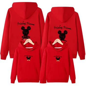 Disney Risanke New Mickey Tanke Moda Pomlad in Jesen starši-Otrok, Čisti Bombaž Kapičastih Pulover Družino Ujemanja Obleke