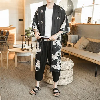 Velika Velikost 5XL Moških Dolgo Kimono Jopico Žerjav Tiskanja Samurai Kostum Oblačila Moški Priložnostne Vrhnjih oblačil Poletne Ulične Cosplay