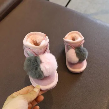 Pravega Usnja Baby Sneg Škornji Dekleta Plus Žamet Debel Zimski Škornji Rex Zajec Krzno žogo Dekoracijo Otroci Škornji