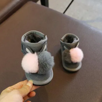 Pravega Usnja Baby Sneg Škornji Dekleta Plus Žamet Debel Zimski Škornji Rex Zajec Krzno žogo Dekoracijo Otroci Škornji