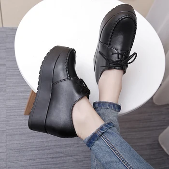 2019 Pomlad Nove korejske Modne Ženske Ravno čevlji Črno in belo, Debelo-soled platforma čevlji Priložnostne čevlji Povečanje Čevlji