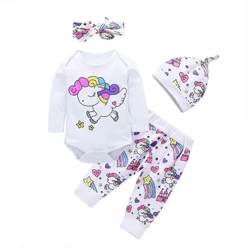 Newborn Baby Girl Obleke, Kompleti za Malčke Moda Mavrica Risanka Pegasus Star Srce Grad 4pcs Klobuk+Glavo+Dolg Rokav+Vrhovi+Hlače