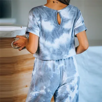 2020 Novo Tie Dye Natisnjeni Ženske Pižame Kratek Rokav Vrhovi & Dolge Hlače Loungewear Pijamas Feminino Nastavite More Priložnostne Sleepwear