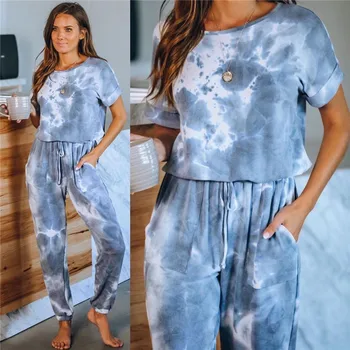 2020 Novo Tie Dye Natisnjeni Ženske Pižame Kratek Rokav Vrhovi & Dolge Hlače Loungewear Pijamas Feminino Nastavite More Priložnostne Sleepwear