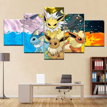 Anime 5 plošči HD tiskanja oljna slika, risanka Pokemon plakat platno umetnosti doma dekor wall art slike za dnevni sobi doma dekor