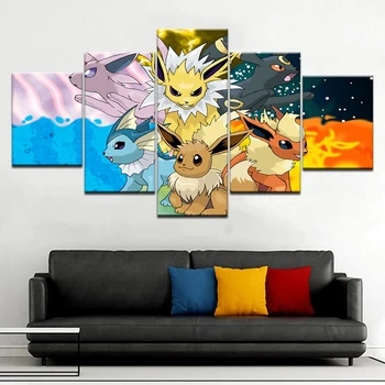 Anime 5 plošči HD tiskanja oljna slika, risanka Pokemon plakat platno umetnosti doma dekor wall art slike za dnevni sobi doma dekor