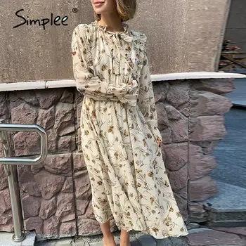 Simplee Elegantno cvet tiskanja jeseni, pozimi žensko obleko Vzročno čipke dolg rokav tiskanja obleko Nove modne ženske obleke 2020