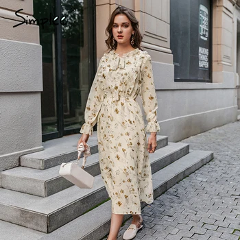 Simplee Elegantno cvet tiskanja jeseni, pozimi žensko obleko Vzročno čipke dolg rokav tiskanja obleko Nove modne ženske obleke 2020