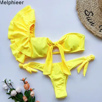 2020 Poletje Ženske Škrt Rit Rumena Bikini Seksi Dama je Prsih Lok Kopalke Ruffle Kopalke Ženske kopalke Plavalni Kostimi