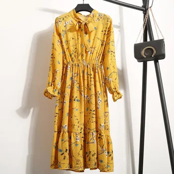 2020 Ženske Obleke Jeseni, Pozimi Cvjetnim Tiskanja Midi Obleko Elegantno Urad Chiffion Obleke Moda Dolg Rokav Žensko Obleko Vestidos