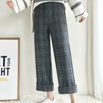 Kariran Hlače Ženske Plus Velikost Širok Noge Slim Novost Visoko Pasu Sweatpants Vintage Dobro Tkanine Hlače, Womens Tweed Korejski Moda