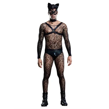 Novi Seksi mačka človek kostume, cosplay obleko, glejte skozi očesa bodysuit eksotičnih oblačila mačka masko mens nočni klub, nositi seksi kostumi