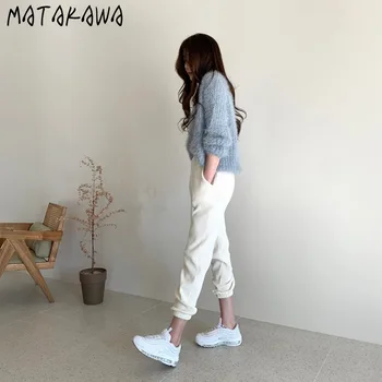 MATAKAWA Slim Velvet Naravnost Hlače korejski Elegantna Osnovne Visoka vitka Ženska Hlače Udobno Vrvico Priložnostne Hlače Ženske