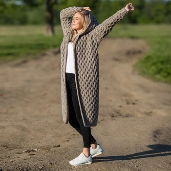 Jeseni in Pozimi Leta 2020 Priložnostne Trdna Sivo Jopico Ženske Hooded Dolgo Pleteno Plašči Ženski Prevelik Plus Velikost Površniki Outwear