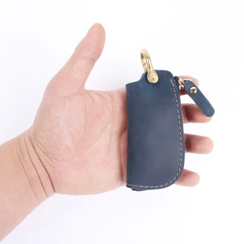 Ključ denarnice za moške modra letnik Japonska Avto ključ primeru za moške in ženske zadrgo prva plast iz cowhide Ročno jedrnato design