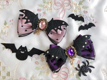Halloween Letnik Gothic Magic Girl Strani Posnetek Srčkan Lok Bat Wing Čarovnica Headdress Lolita Ostra Cosplay Ročno Lase Posnetek